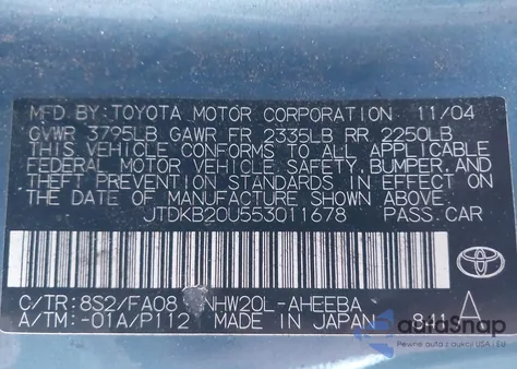 2005 Toyota Prius z USA, uszkodzony, nr VIN JTDKB20U553011678